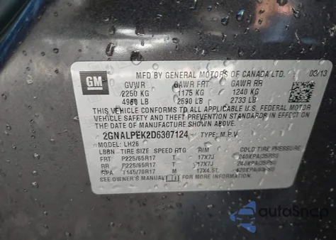 2013 Chevrolet Equinox 2Lt из США, поврежденный, VIN 2GNALPEK2D6307124